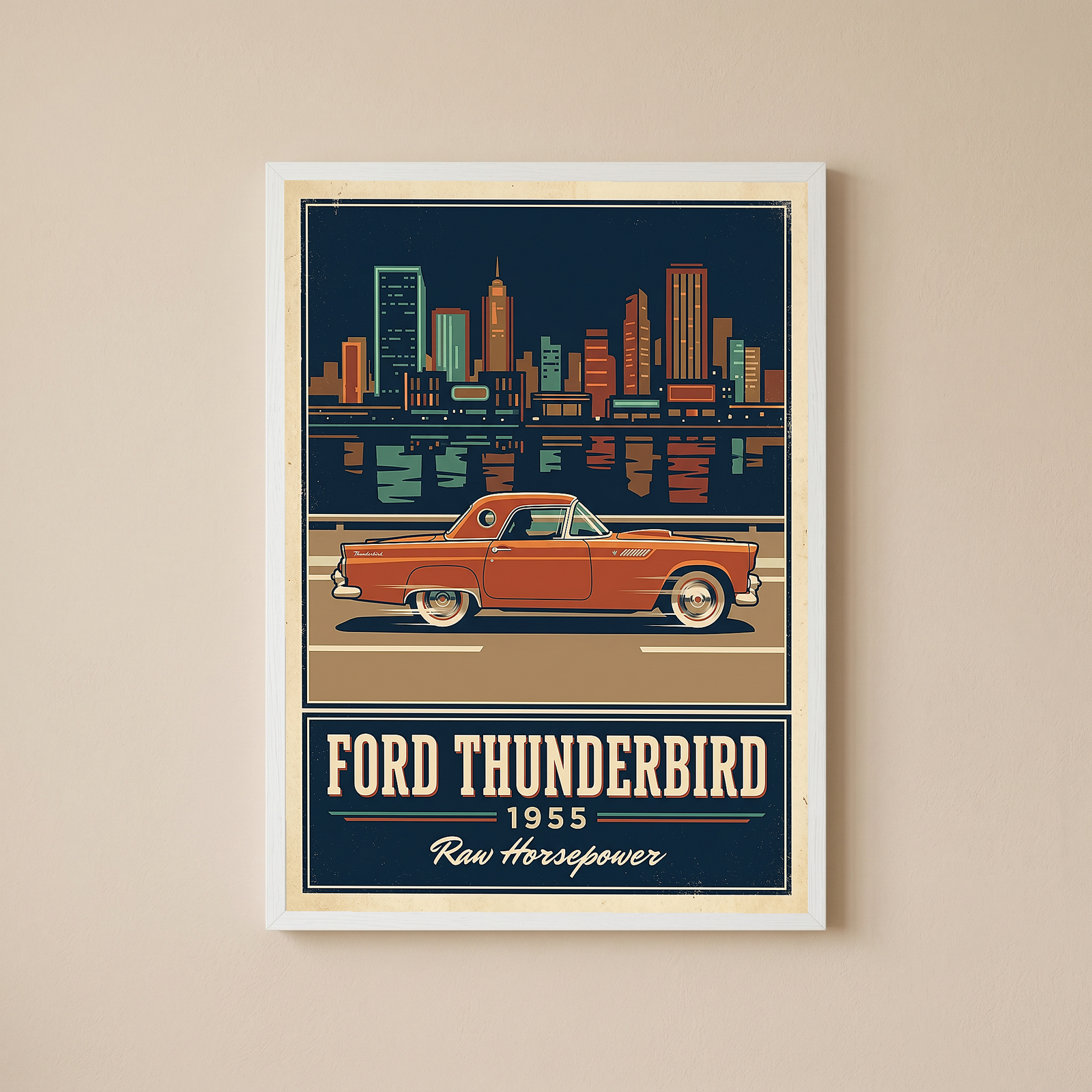 Ford Thunderbird 1955 Poster — Vintage Two-Seater Convertible City Skyline Print