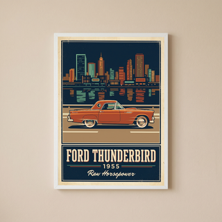 Ford Thunderbird 1955 Poster — Vintage Two-Seater Convertible City Skyline Print