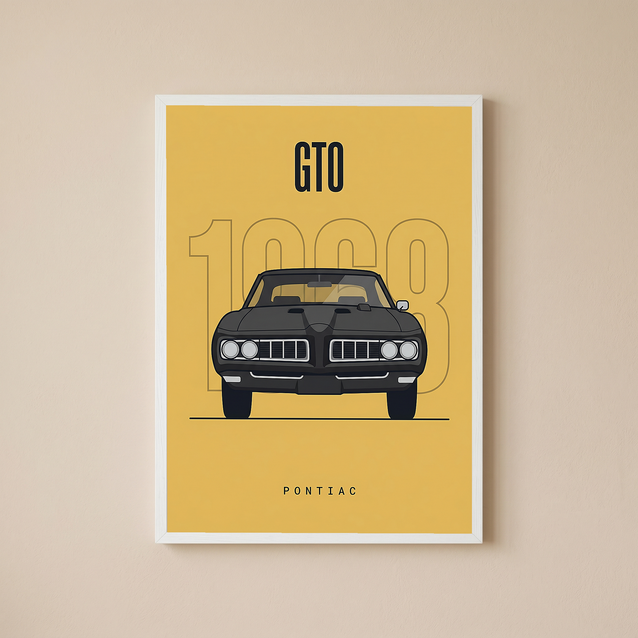 Pontiac GTO 1968 Minimalist Poster — Golden Yellow Muscle Car Line Art