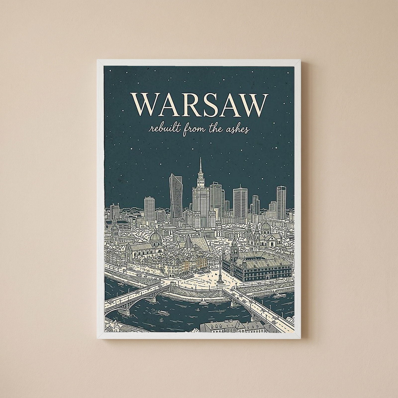 Warsaw Line Art Print — Slate Old Town Palace of Culture Skyline Wall Art