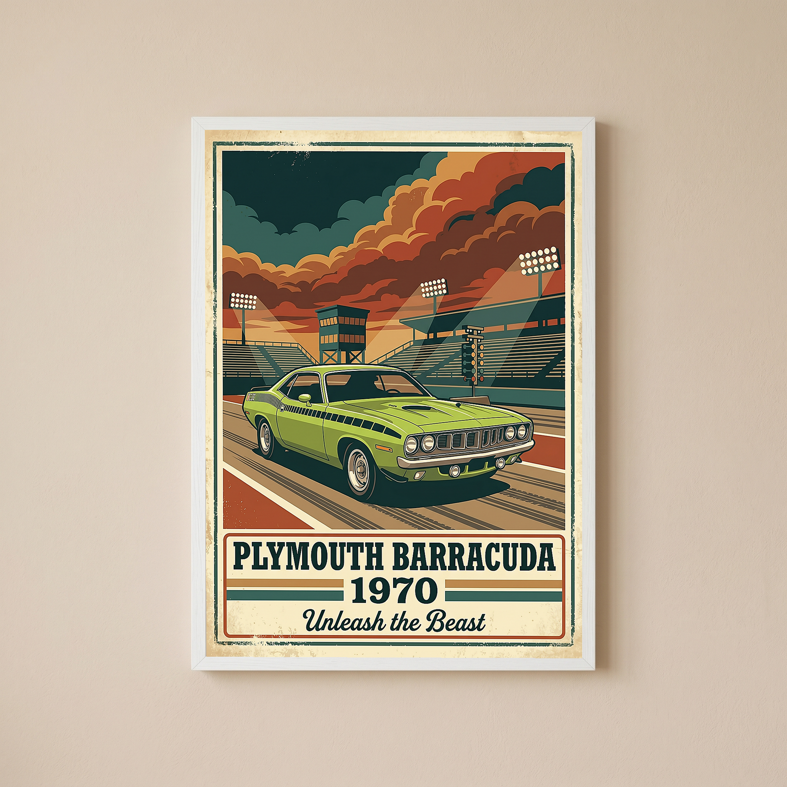 Plymouth Barracuda 1970 Poster — Vintage Muscle Car Race Track Print