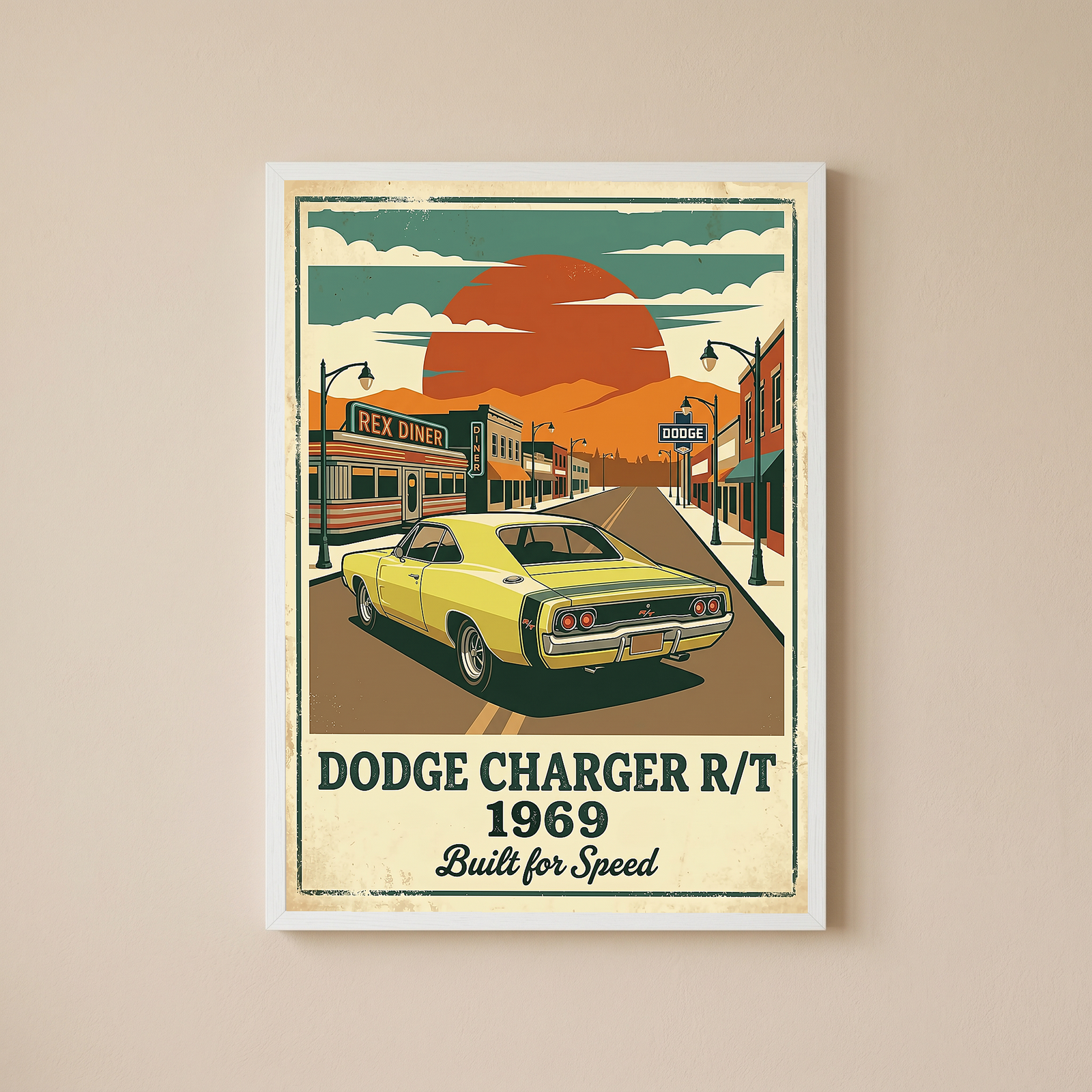 Dodge Charger R/T 1969 Yellow Edition — Vintage Muscle Diner Main Street Print