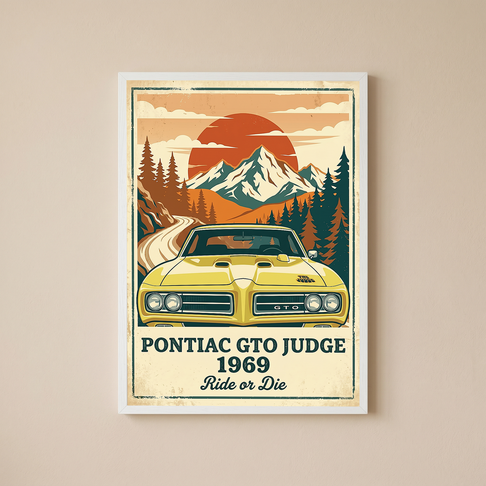 Pontiac GTO Judge 1969 Poster — Vintage Muscle Car Mountain Sunset Print