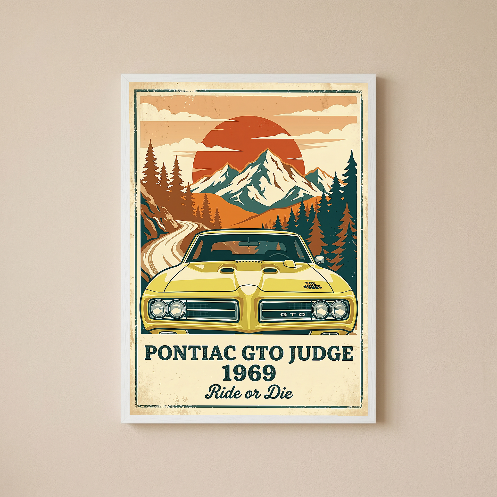 Pontiac GTO Judge 1969 Poster — Vintage Muscle Car Mountain Sunset Print