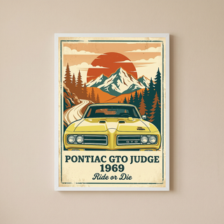 Pontiac GTO Judge 1969 Poster — Vintage Muscle Car Mountain Sunset Print