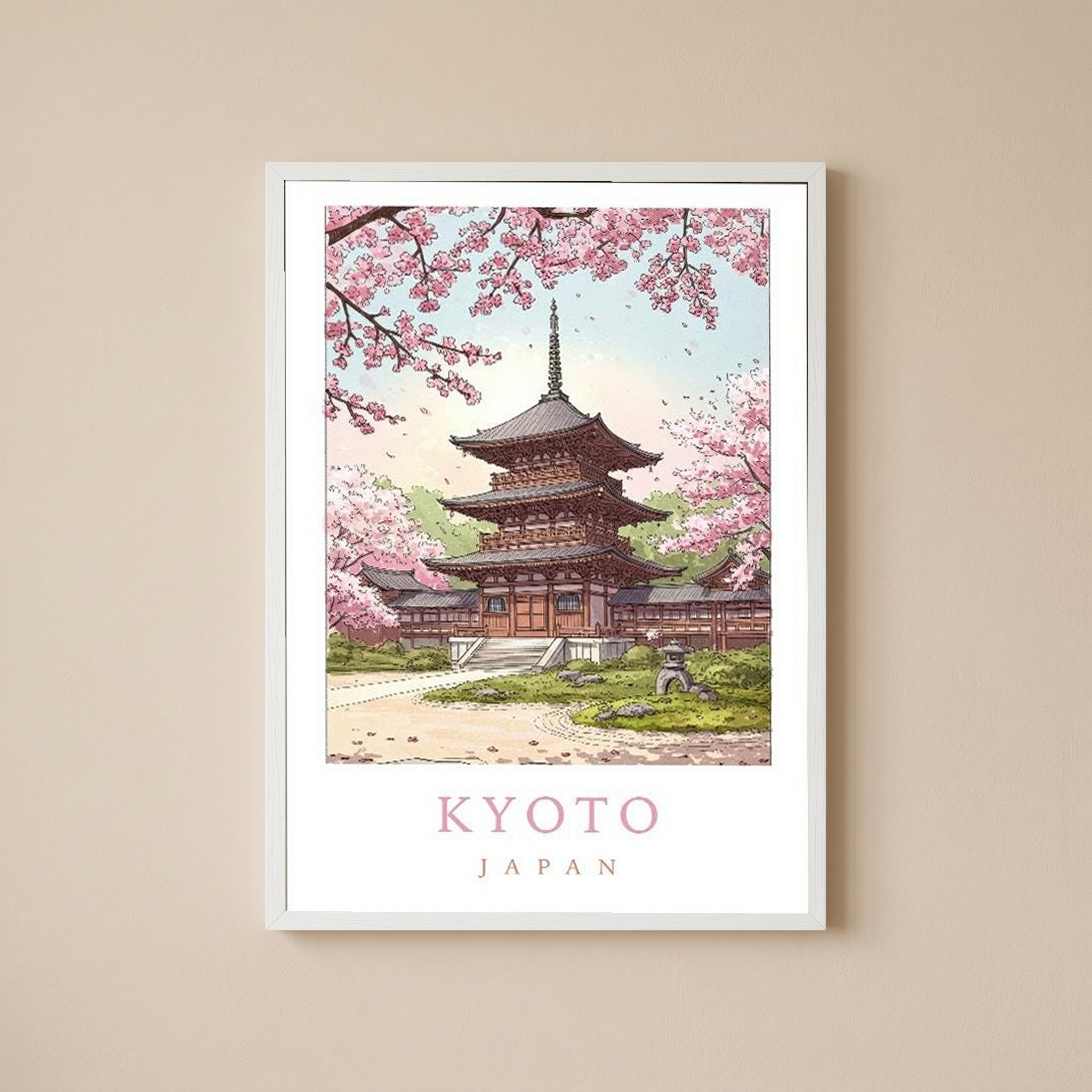 Kyoto Japan Travel Poster — Cherry Blossom Pagoda Temple Print