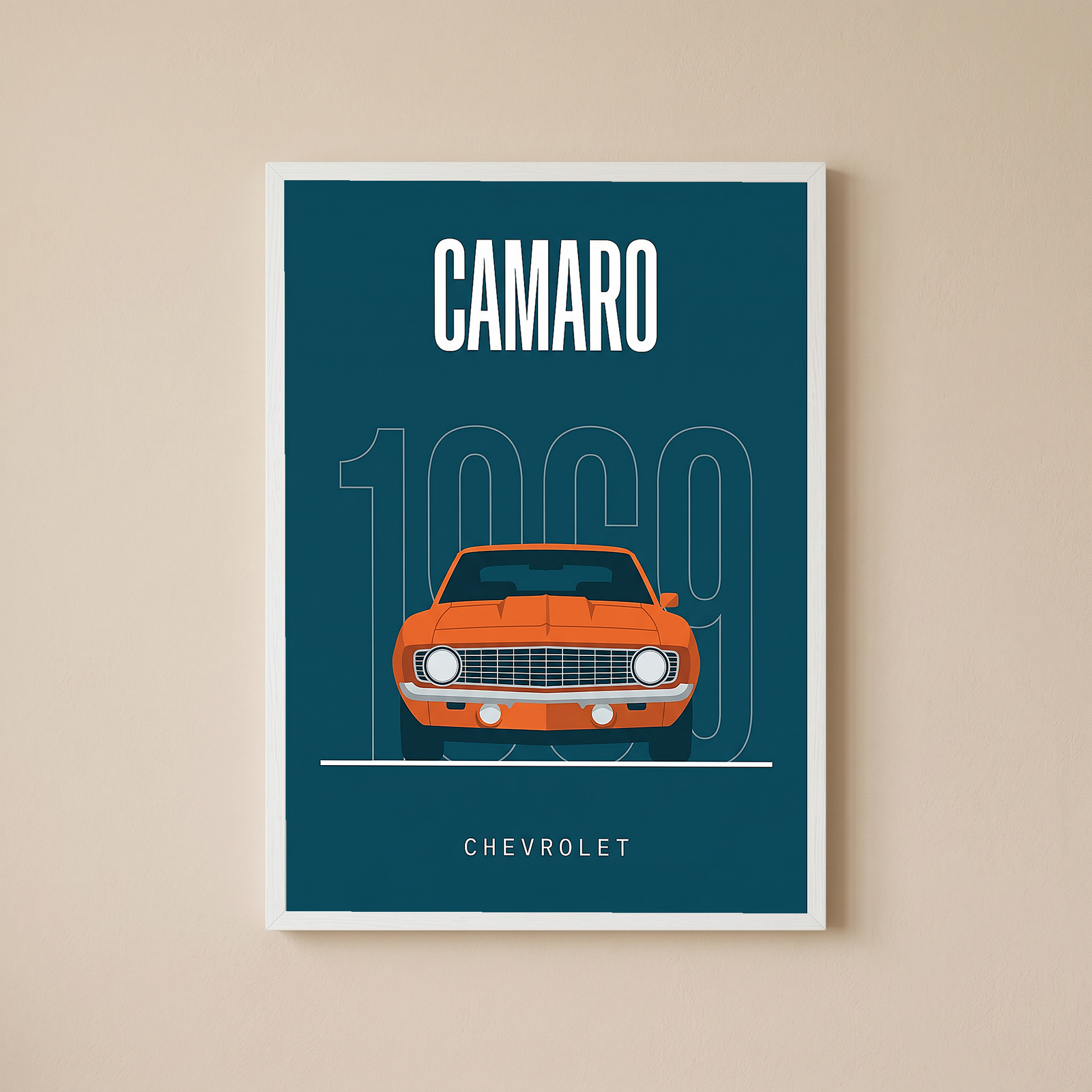 Chevrolet Camaro 1969 Minimalist Poster — Teal Muscle Car Line Art