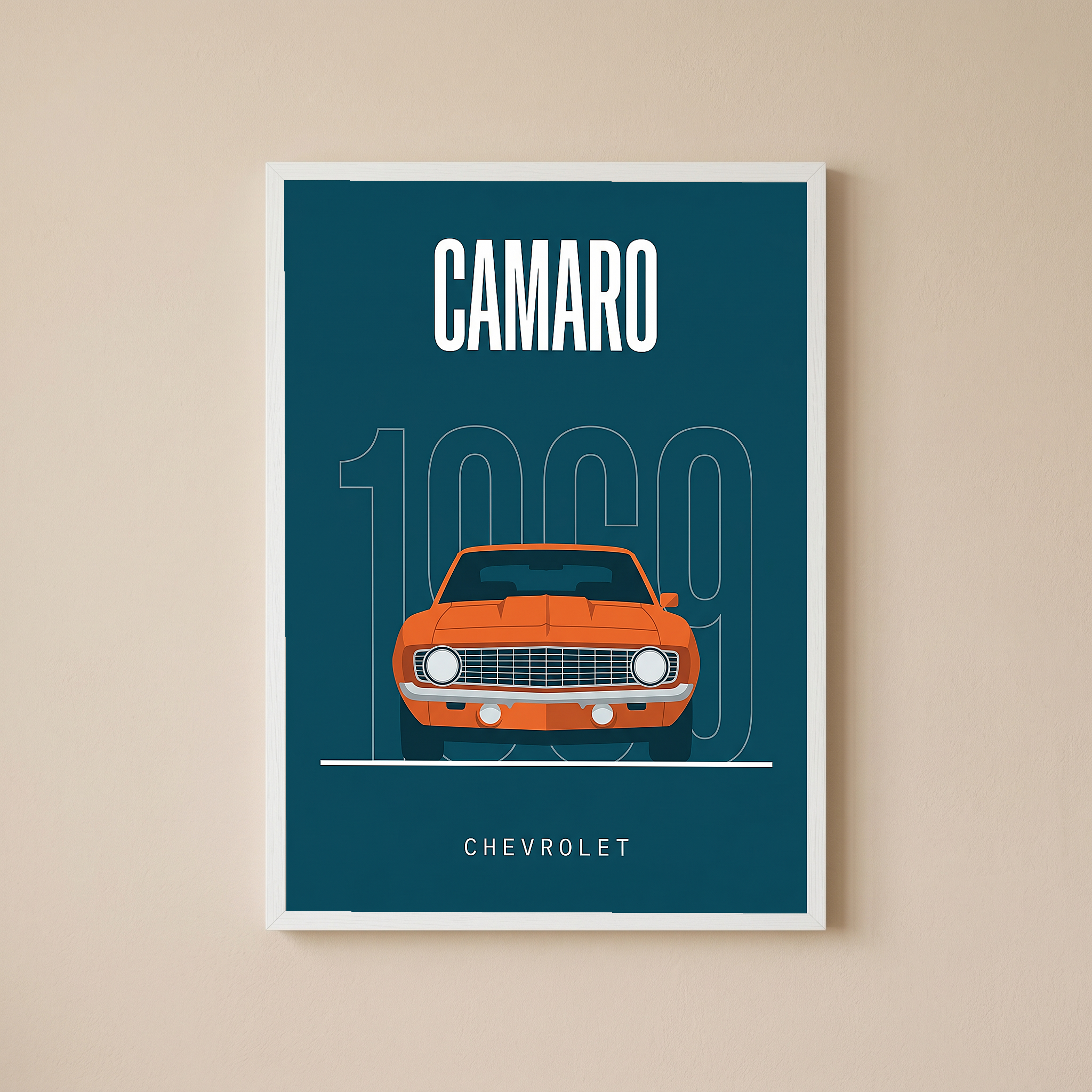 Chevrolet Camaro 1969 Minimalist Poster — Teal Muscle Car Line Art