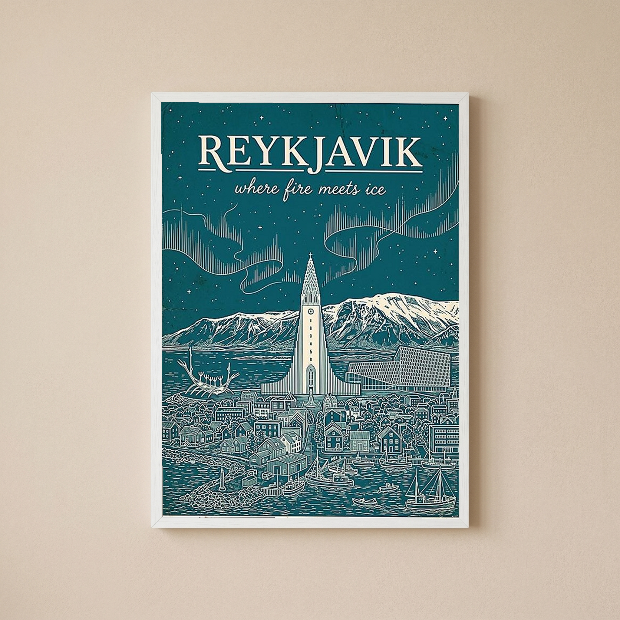 Reykjavik Line Art Print — Teal Hallgrímskirkja Aurora Skyline Wall Art