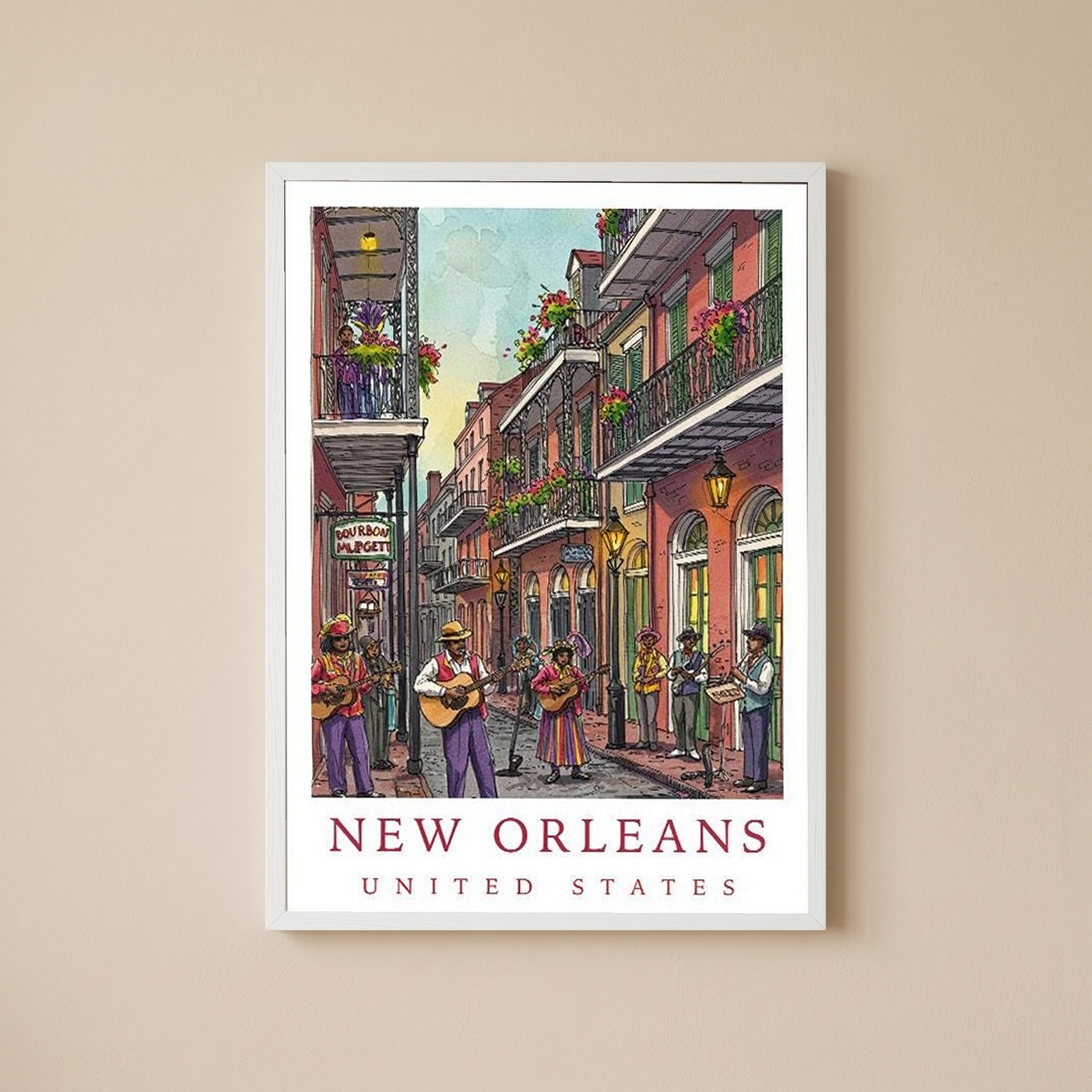 New Orleans Travel Poster — French Quarter Jazz Buskers Street Print