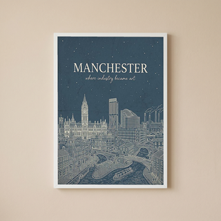 Manchester Line Art Print — Slate Blue Town Hall Industrial Skyline Wall Art