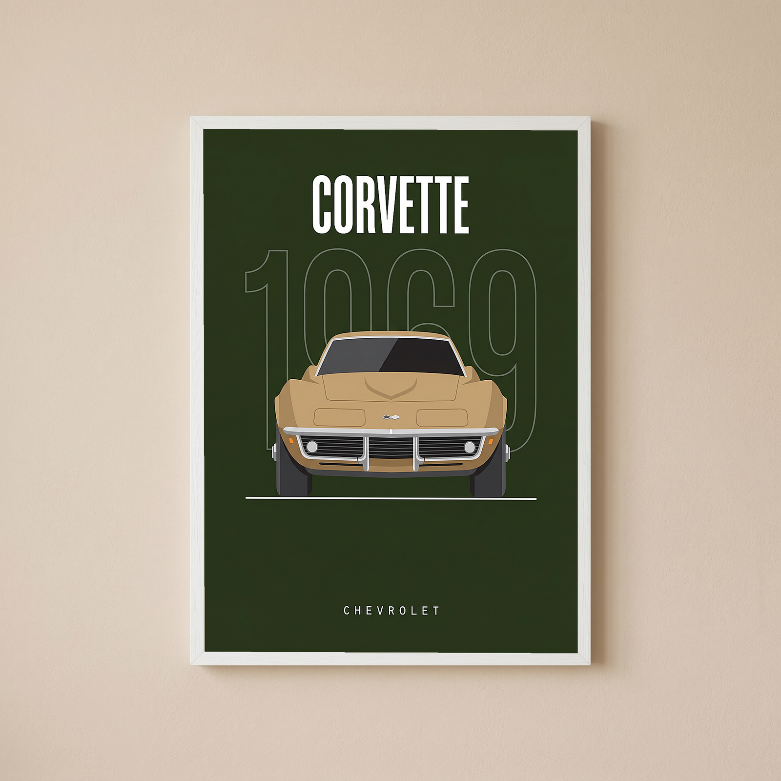 Chevrolet Corvette 1969 Minimalist Poster — Forest Green Muscle Car Line Art
