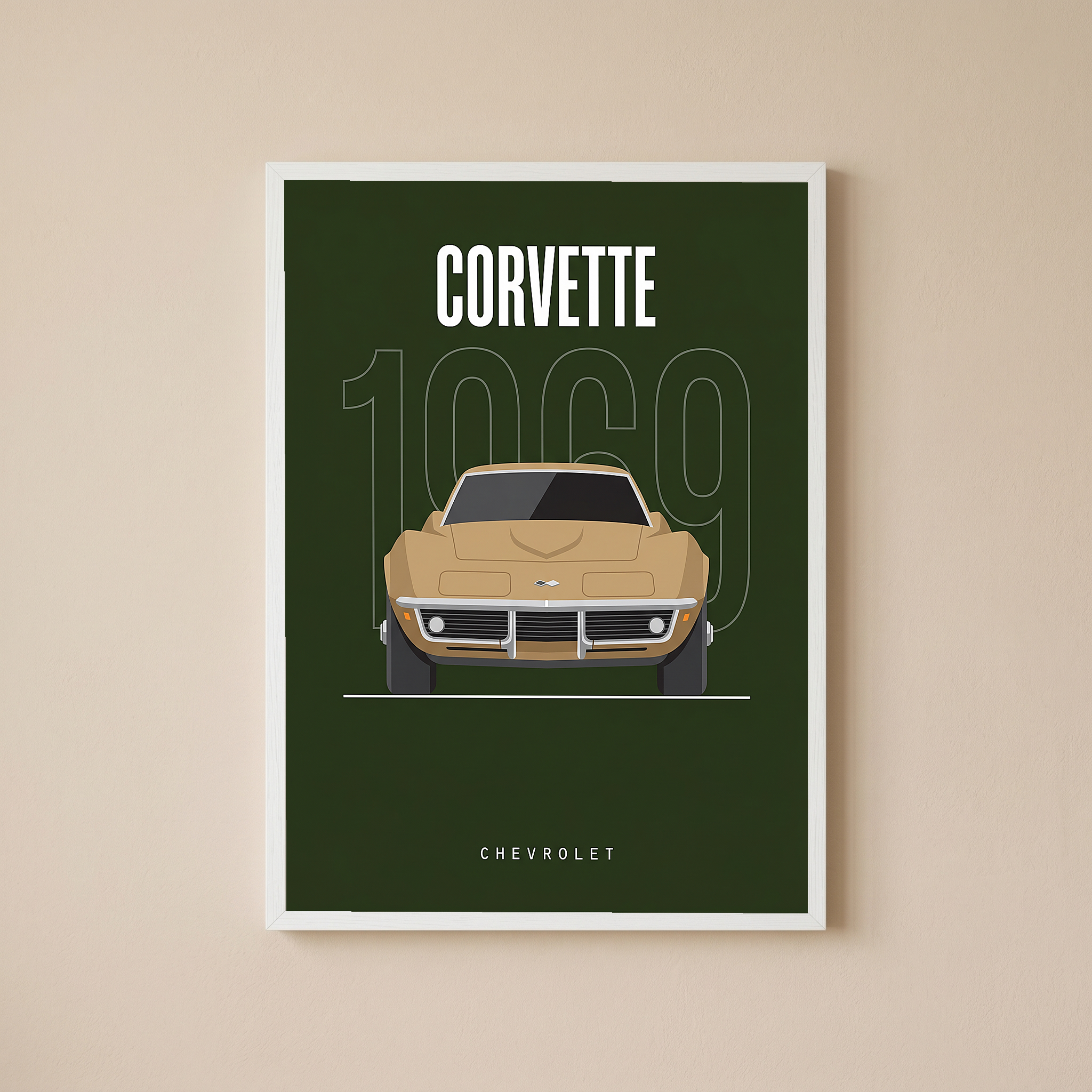 Chevrolet Corvette 1969 Minimalist Poster — Forest Green Muscle Car Line Art