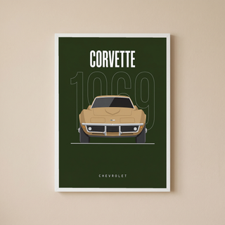 Chevrolet Corvette 1969 Minimalist Poster — Forest Green Muscle Car Line Art