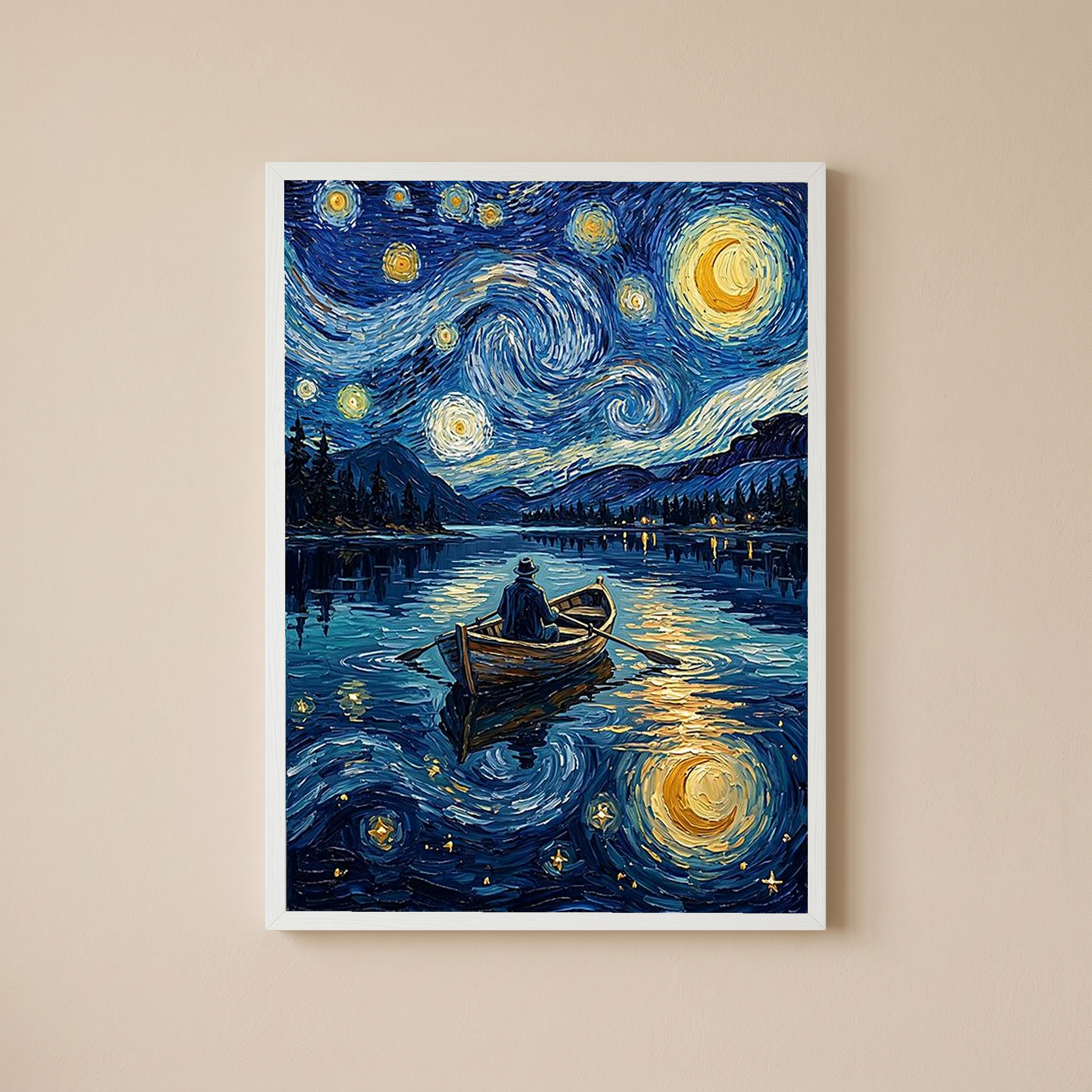 Moonlit Lake Rowboat Print — Van Gogh-Style Night Fishing Cabin Wall Art