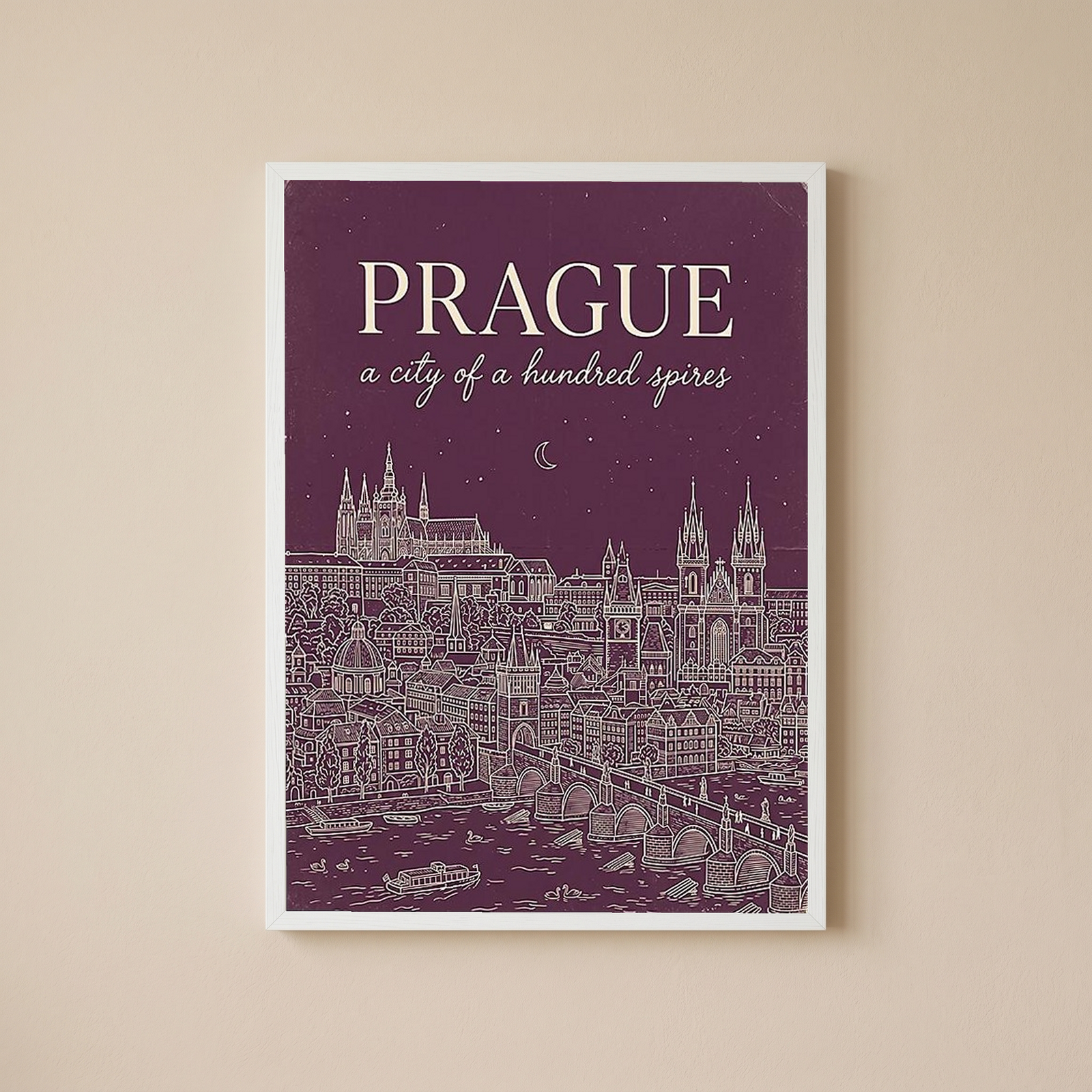 Prague Line Art Print — Plum Castle Charles Bridge Skyline Wall Art