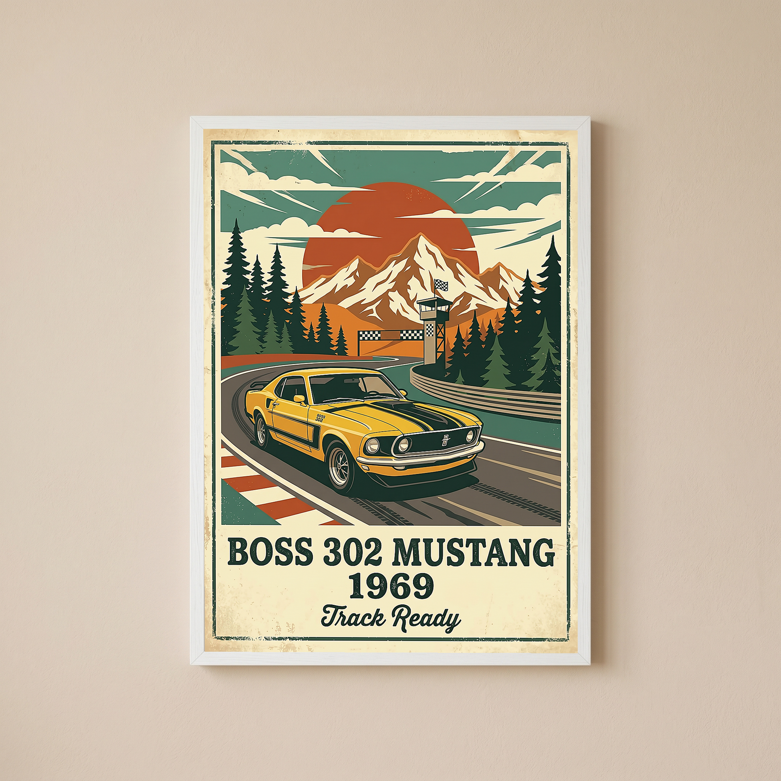 Boss 302 Mustang 1969 Poster — Vintage Muscle Car Race Track Print