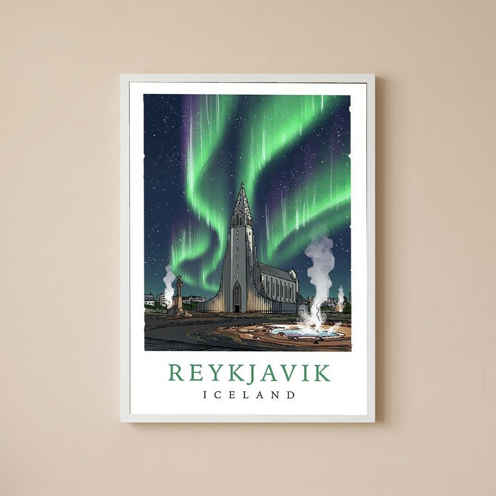 Reykjavik Iceland Travel Poster — Hallgrímskirkja Northern Lights Print
