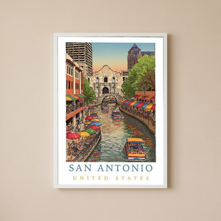 San Antonio Texas Travel Poster — Riverwalk Alamo Cityscape Print