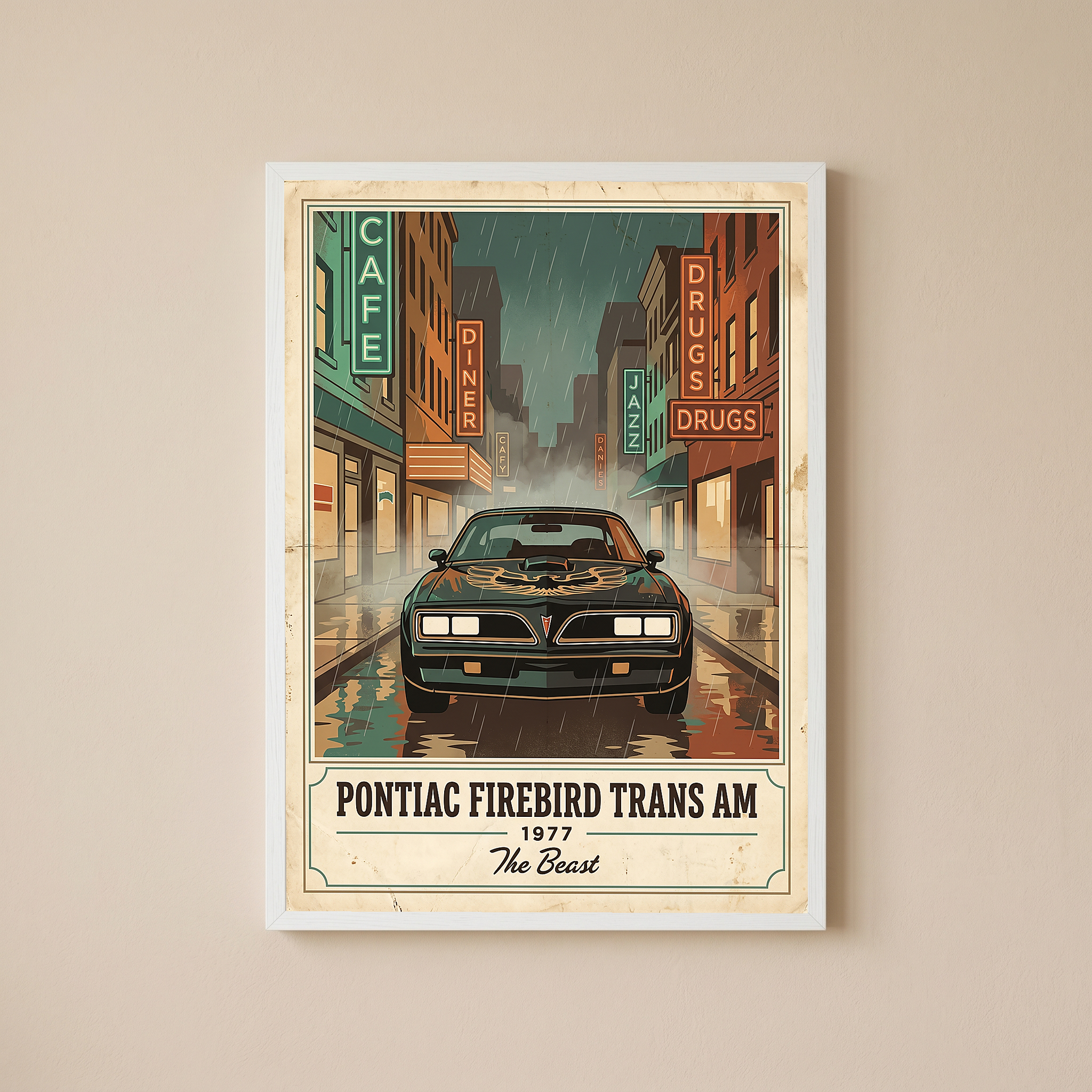 Pontiac Firebird Trans Am 1977 Poster — Vintage Muscle Bandit Rainy Noir Street Print