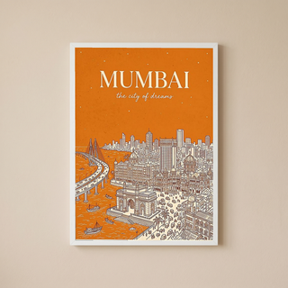 Mumbai Line Art Print — Saffron Gateway of India Marine Drive Skyline Wall Art