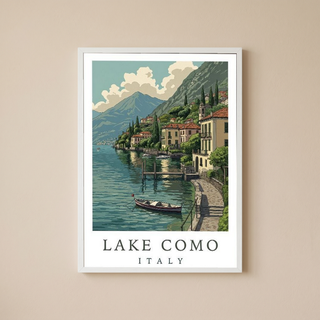 Lake Como Italy Travel Poster — Lakeside Village Boat Landscape Print
