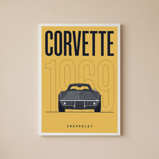 Chevrolet Corvette 1969 V2 Yellow Minimalist Poster — Muscle Car Line Art