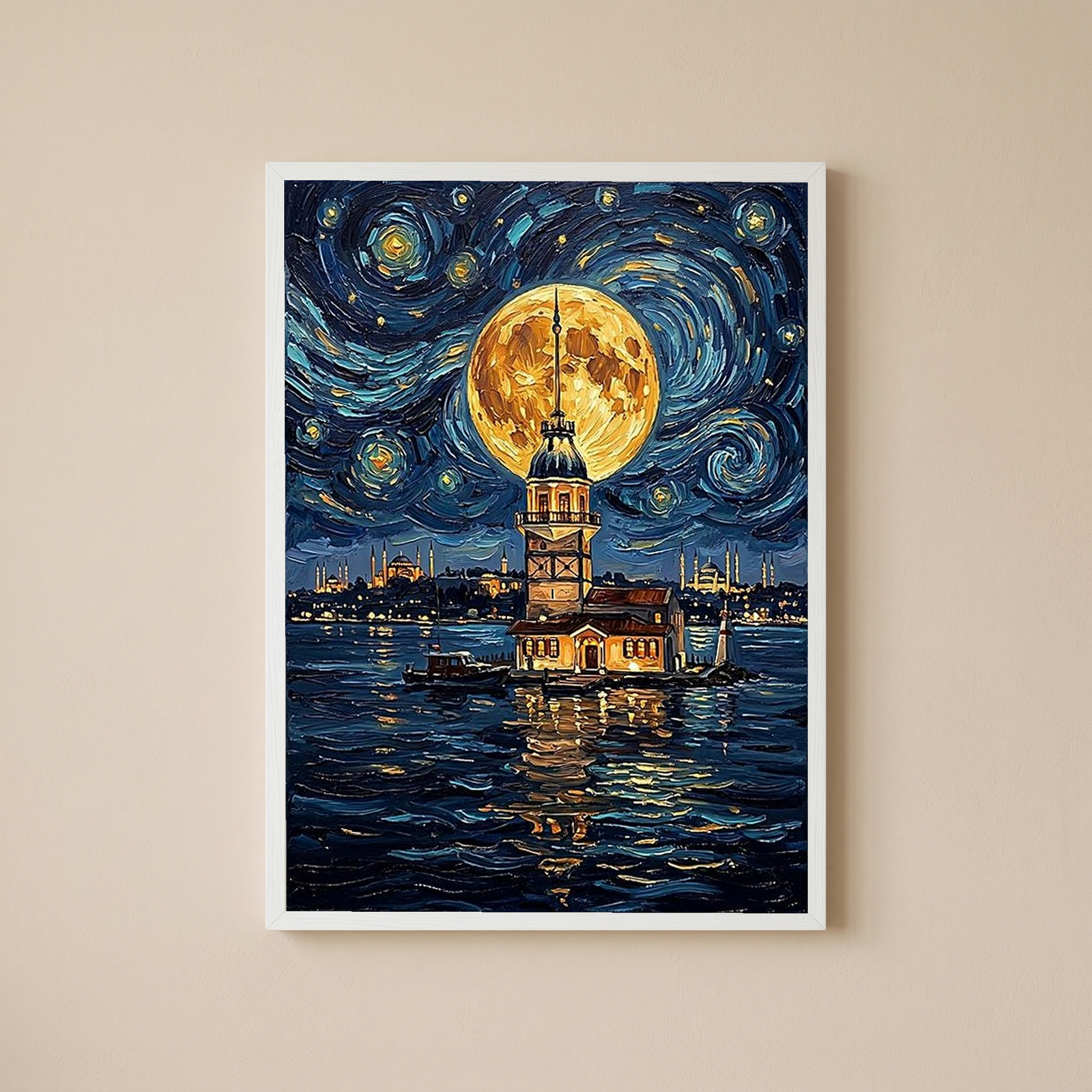 Maiden Tower Istanbul Full Moon Print — Van Gogh-Style Skyline Wall Art