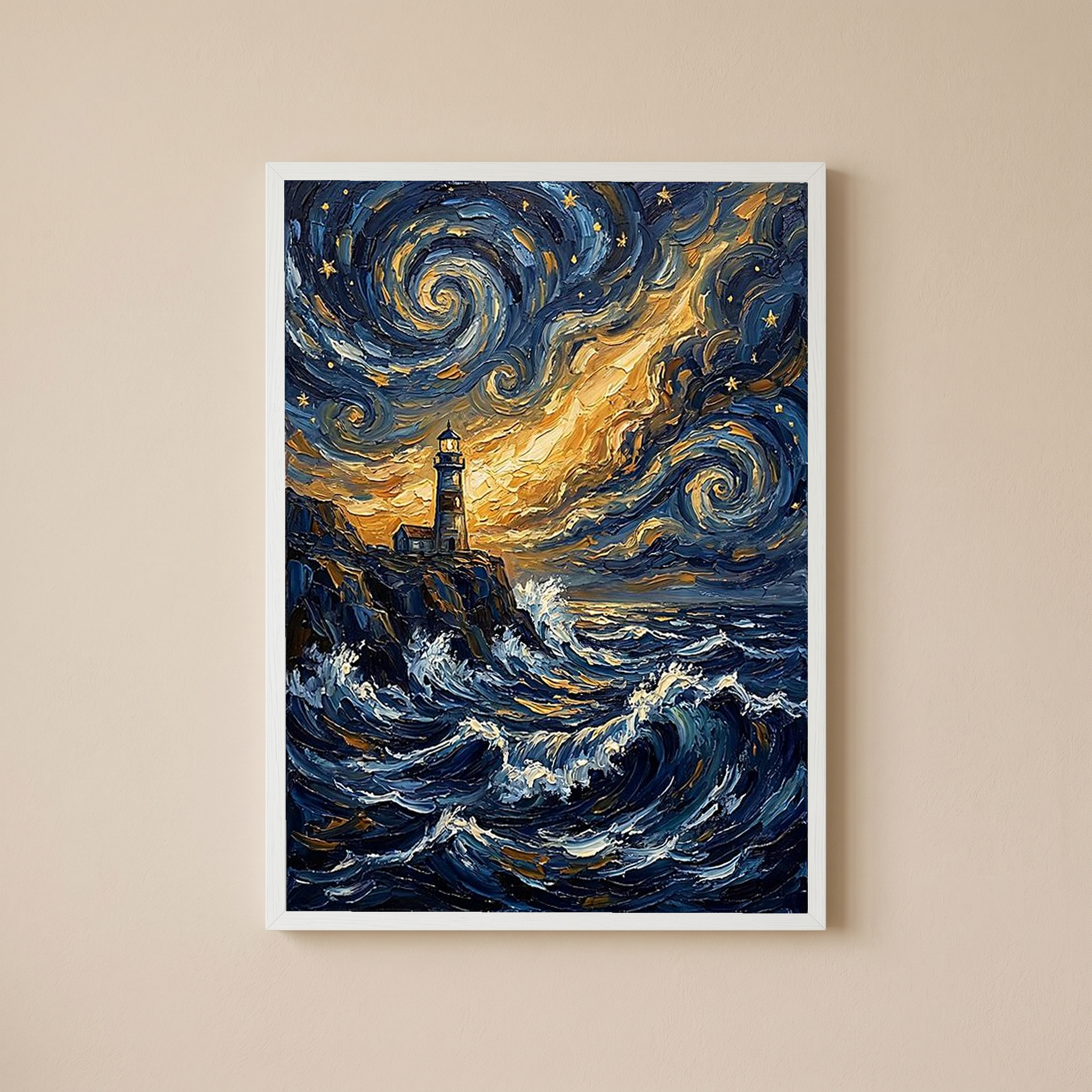 Lighthouse Stormy Sea Print — Van Gogh Starry Night Coastal Wall Art
