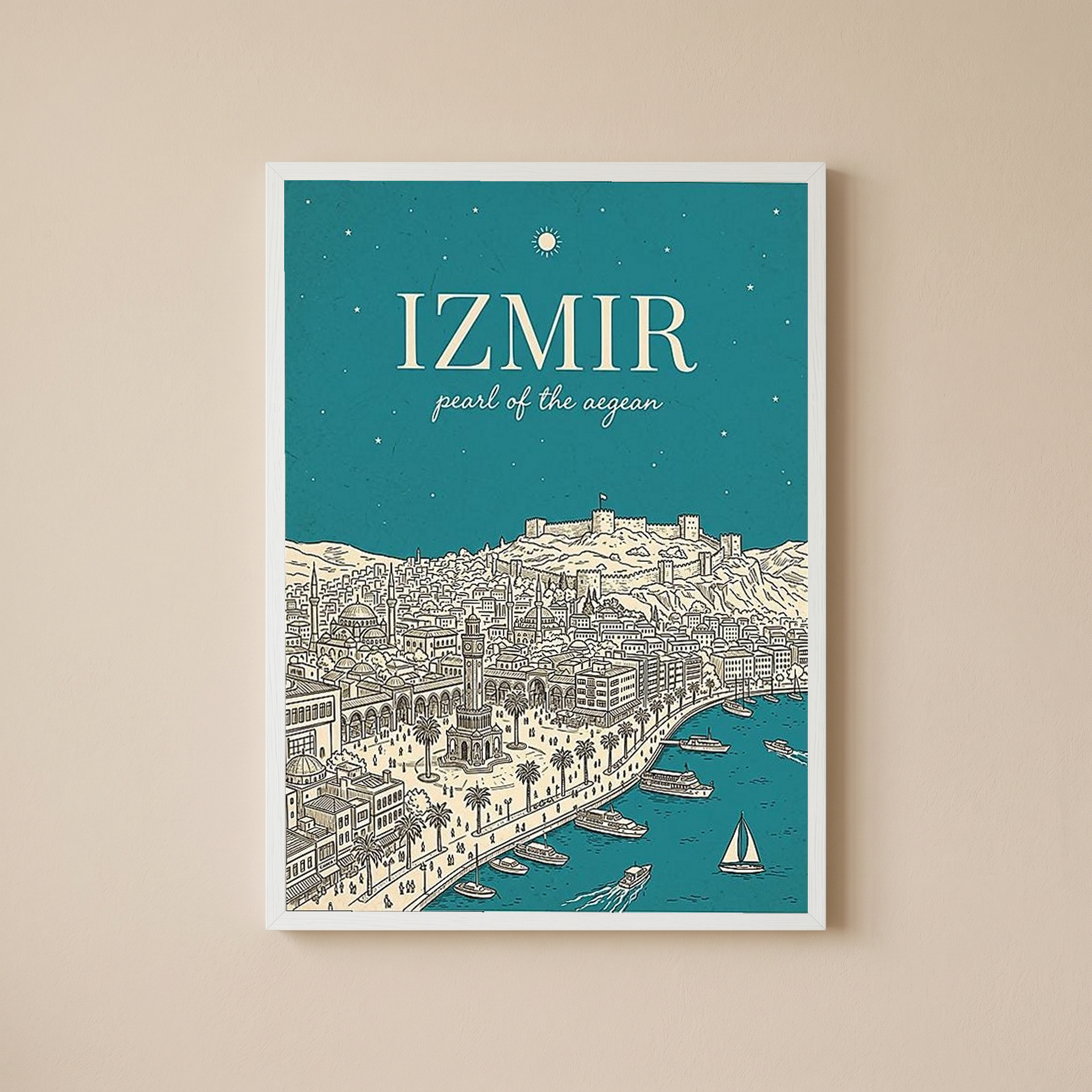 İzmir Line Art Print — Teal Clock Tower Kadifekale Aegean Coast Wall Art