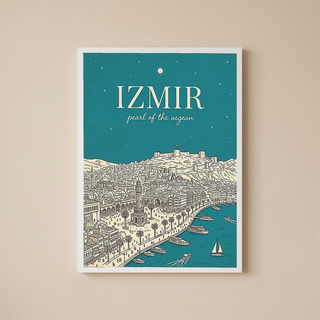 İzmir Line Art Print — Teal Clock Tower Kadifekale Aegean Coast Wall Art