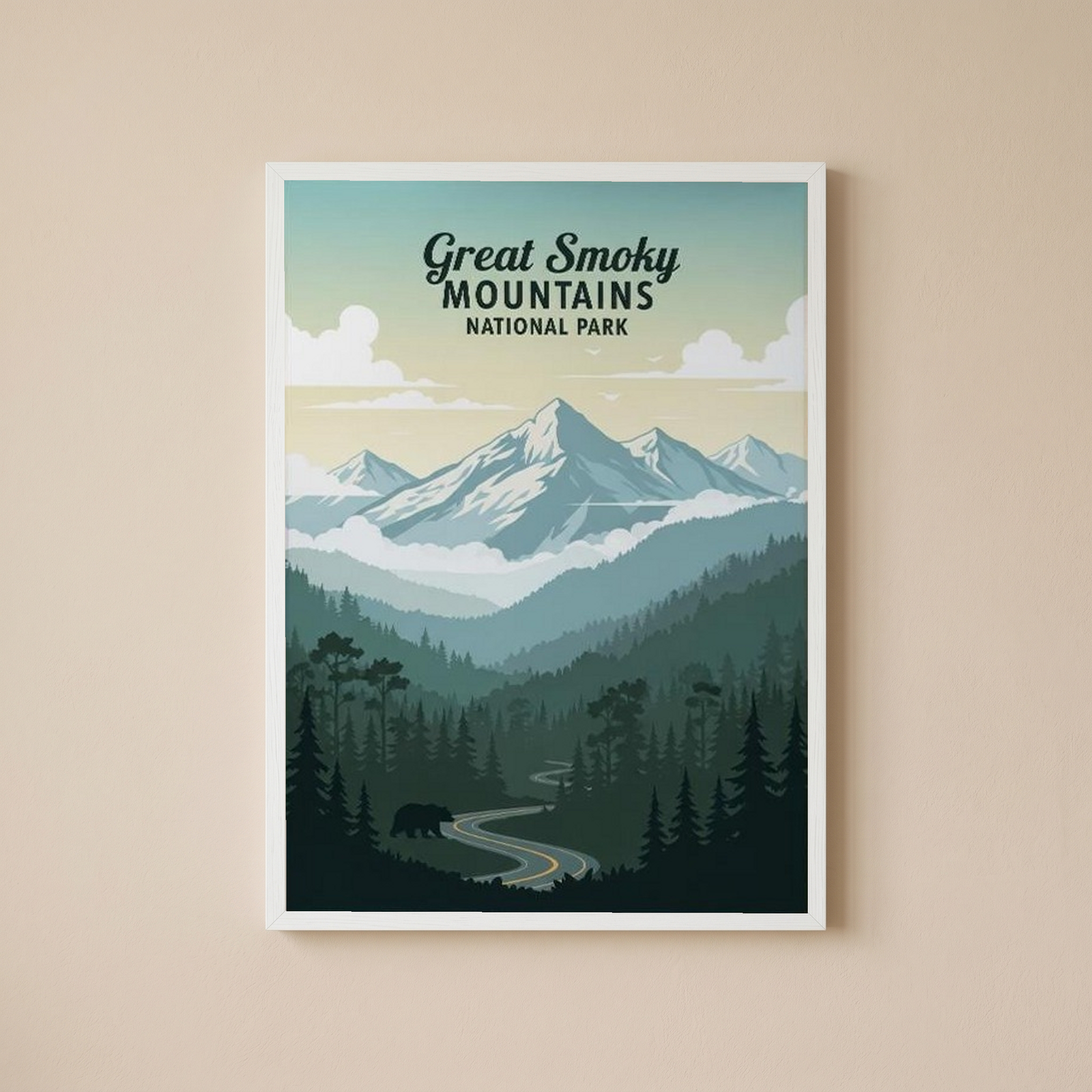 Great Smoky Mountains National Park Poster — Vintage Black Bear Foggy Ridges Print
