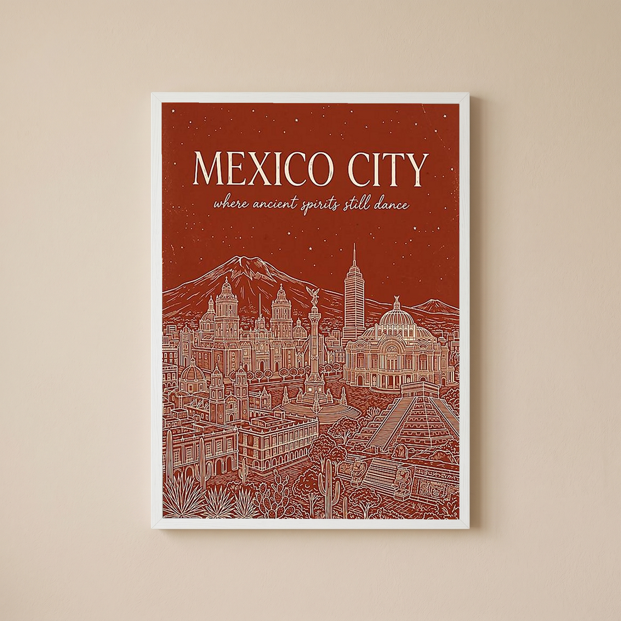 Mexico City Line Art Print — Rust Bellas Artes Templo Mayor Skyline Wall Art