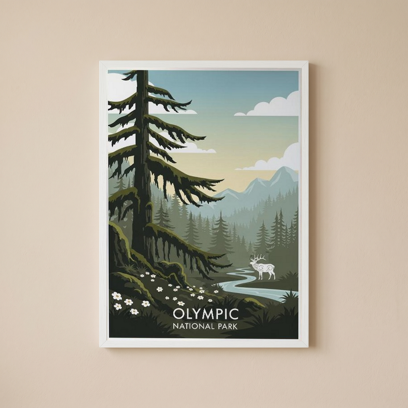 Olympic National Park Poster — Vintage Washington Roosevelt Elk Old-Growth Print