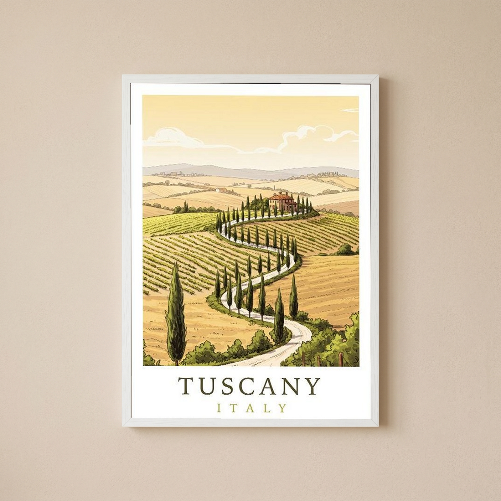 Tuscany Italy Travel Poster — Rolling Hills Cypress Vineyards Print