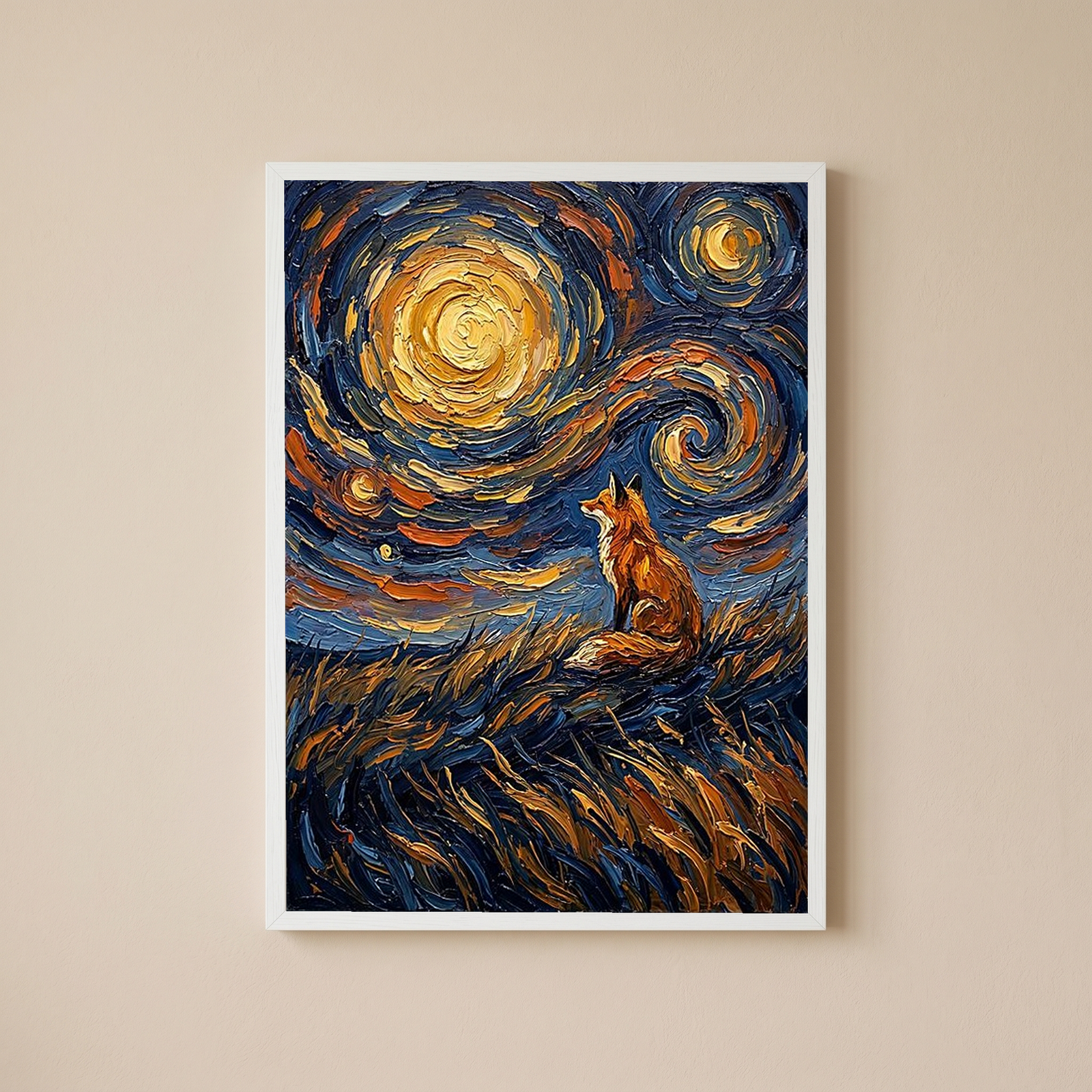 Lone Fox Starry Night Print — Van Gogh-Style Wildlife Hillside Wall Art