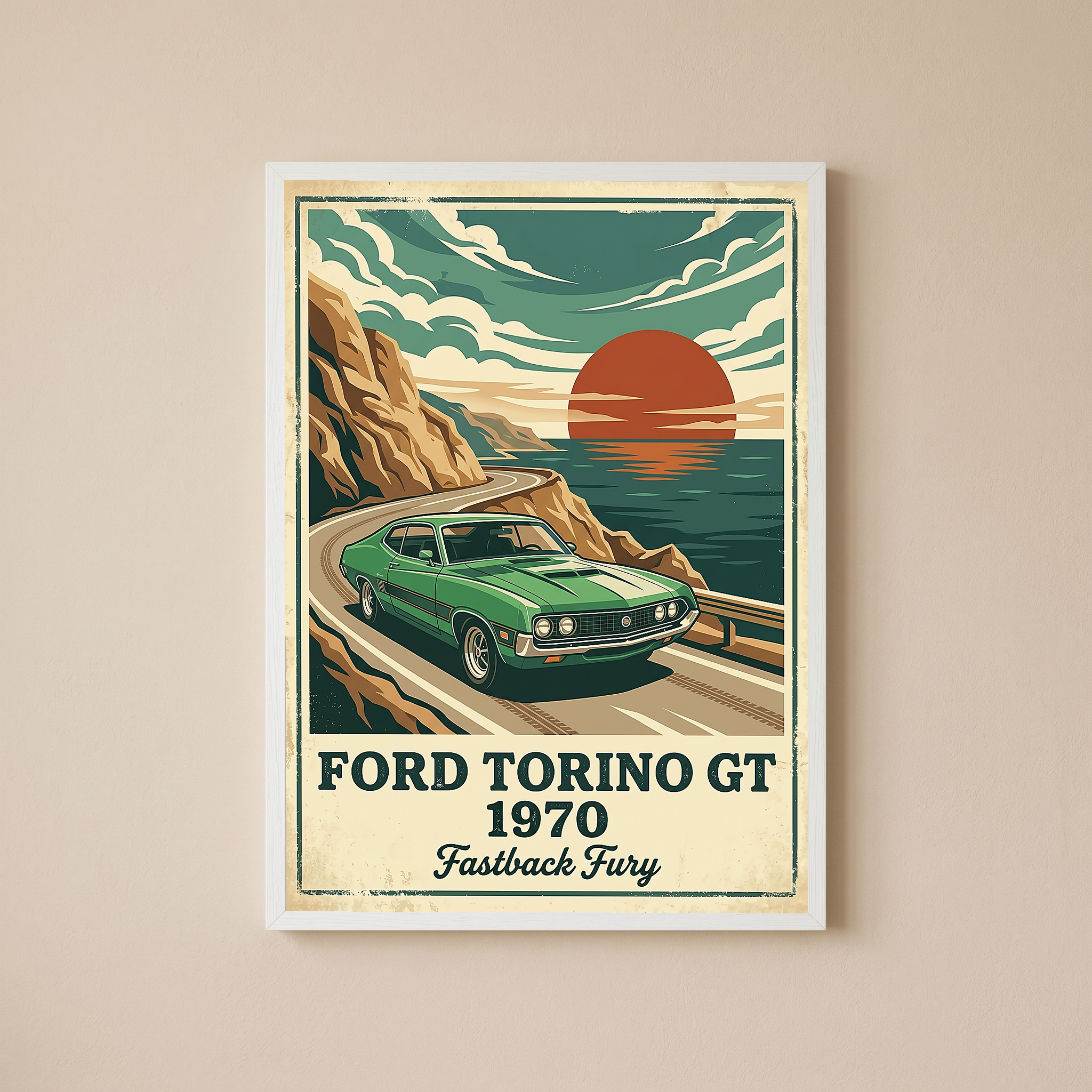 Ford Torino GT 1970 Poster — Vintage Muscle Car Coastal Cliff Sunset Print