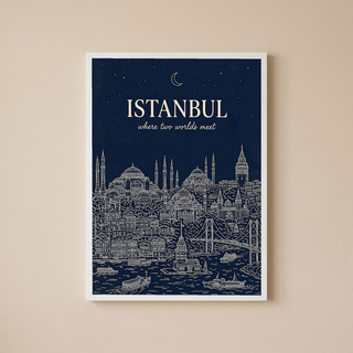 Istanbul Line Art Print — Navy Bosphorus Skyline Hagia Sophia Wall Art