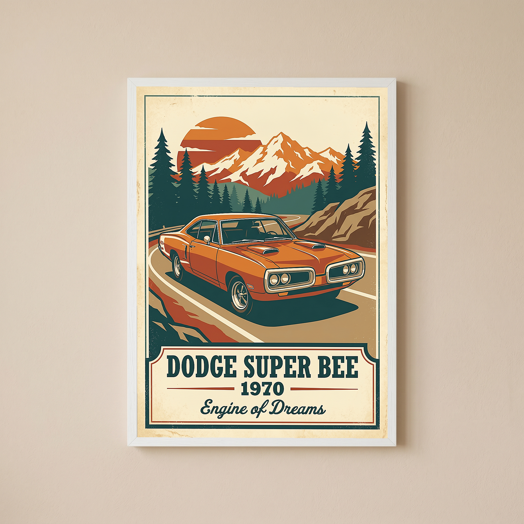 Dodge Super Bee 1970 V2 Poster — Vintage Muscle Mountain Pine Sunset Print