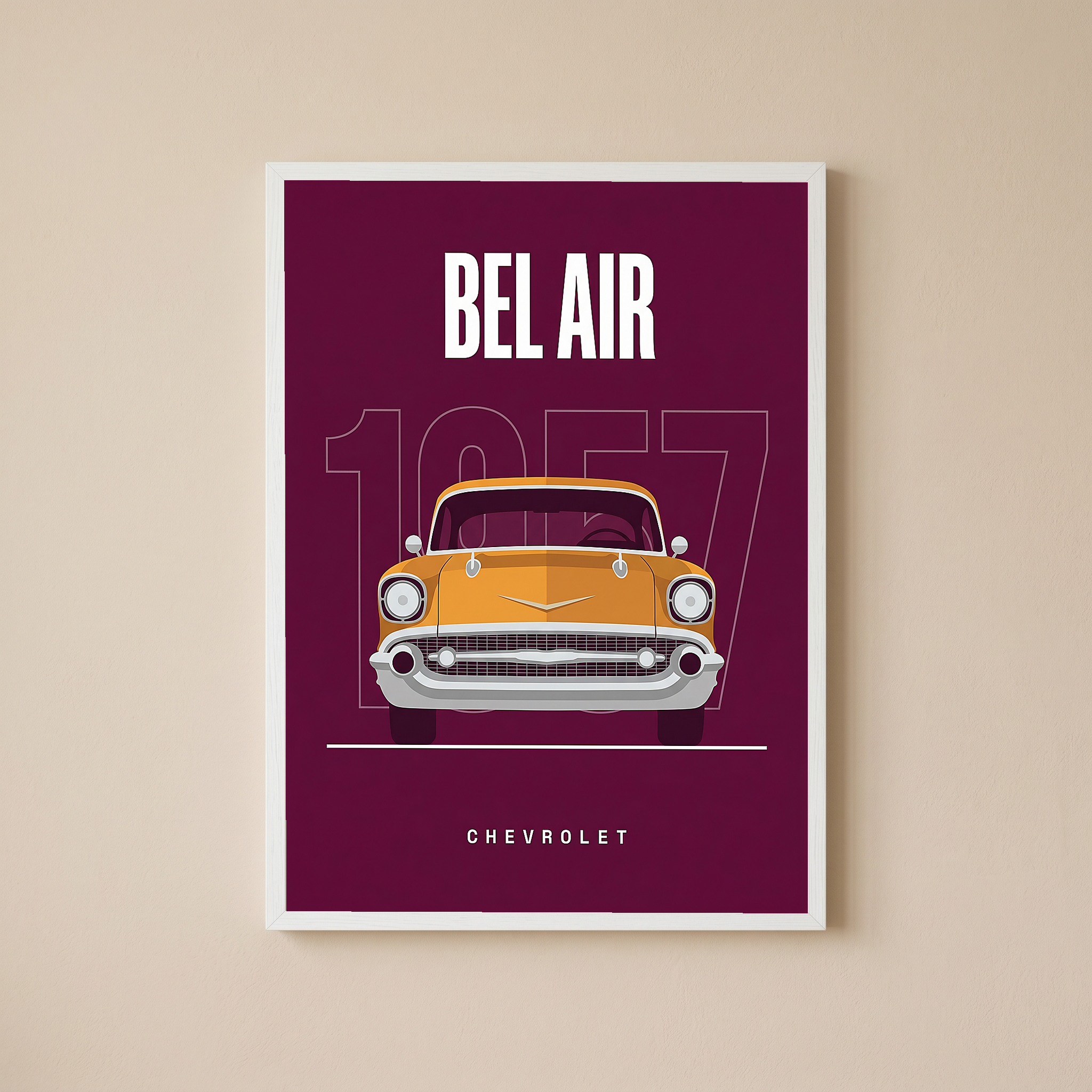 Chevrolet Bel Air 1957 Minimalist Poster — Burgundy Classic Car Line Art