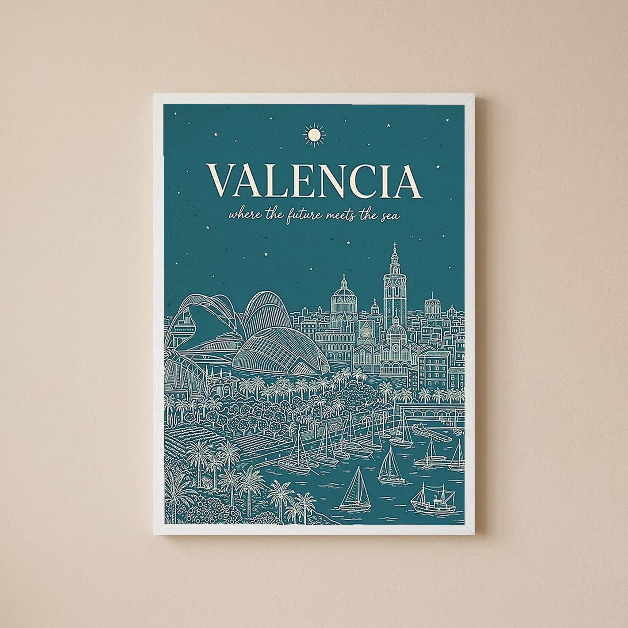 Valencia Line Art Print — Teal City of Arts Sciences Mediterranean Skyline Wall Art