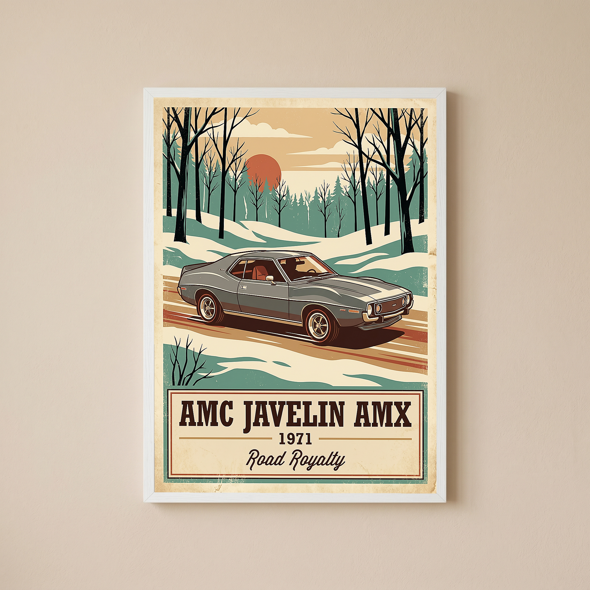 AMC Javelin AMX 1971 V2 Poster — Vintage Muscle Winter Snow Birch Forest Print