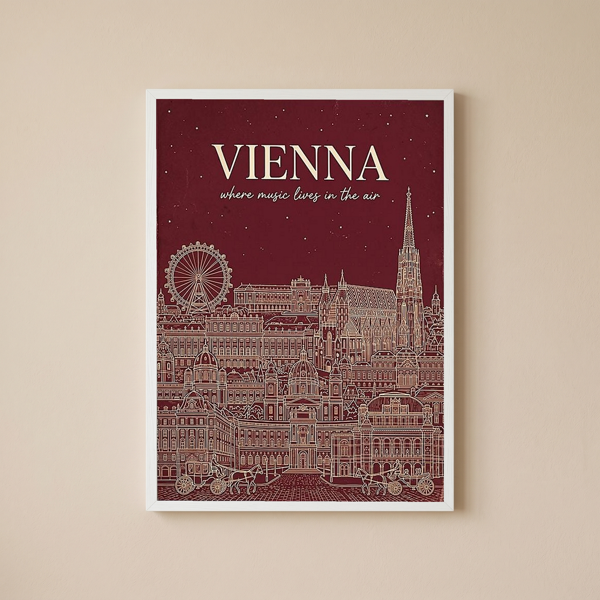Vienna Line Art Print — Cherry Red St. Stephen's Cathedral Skyline Wall Art