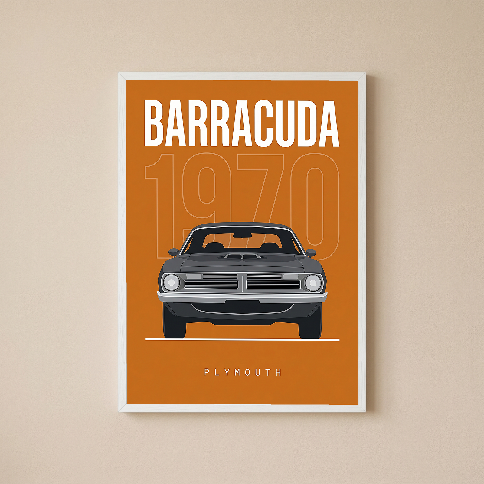 Plymouth Barracuda 1970 Minimalist Poster — Orange Muscle Car Line Art