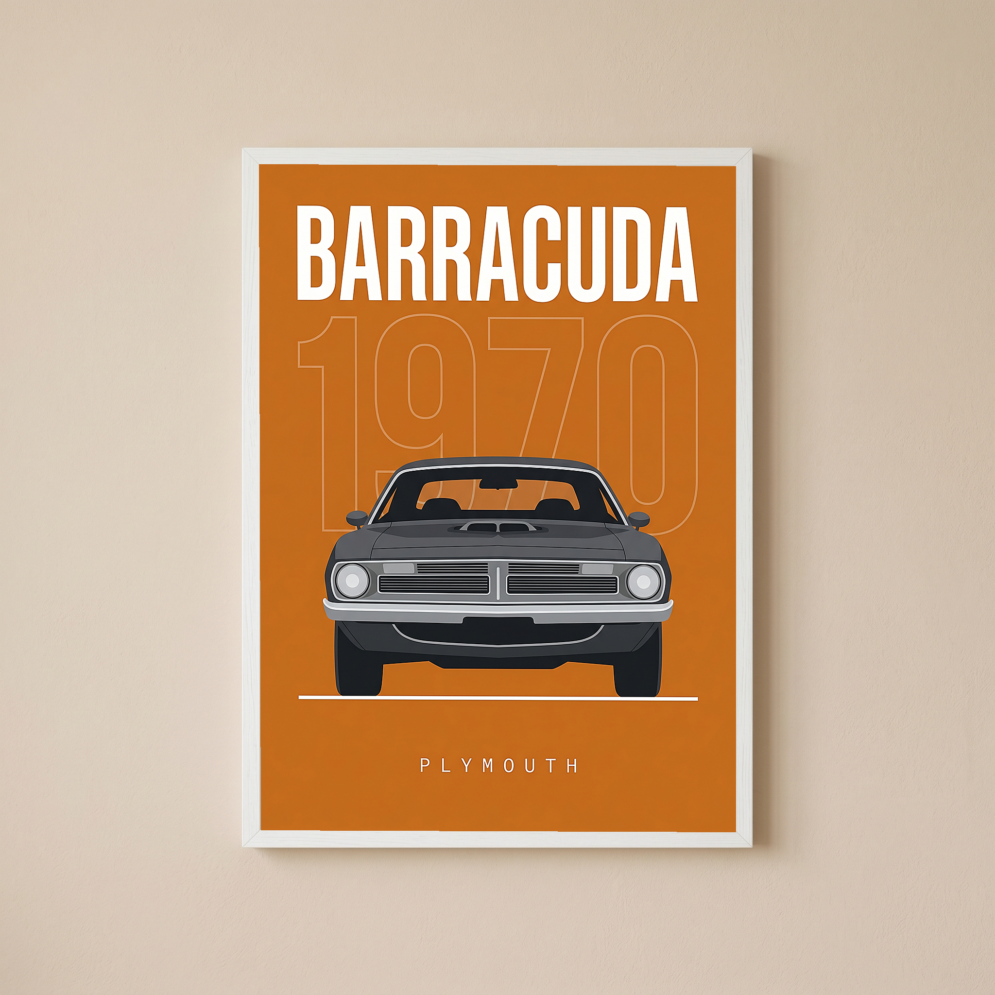 Plymouth Barracuda 1970 Minimalist Poster — Orange Muscle Car Line Art