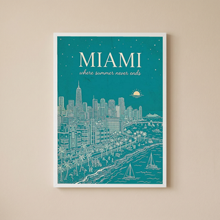 Miami Line Art Print — Teal South Beach Skyline Art Deco Wall Art