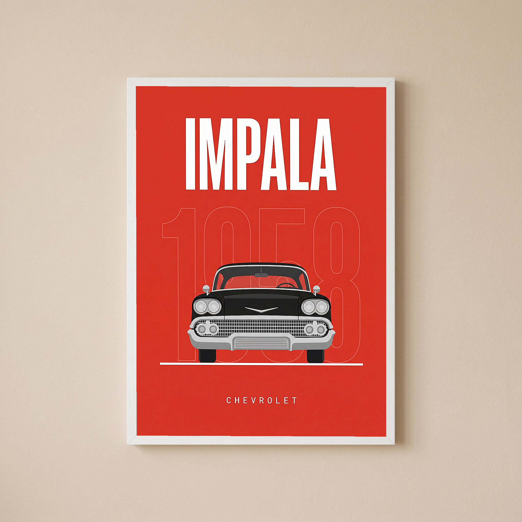 Chevrolet Impala 1958 Minimalist Poster — Red Classic Muscle Line Art