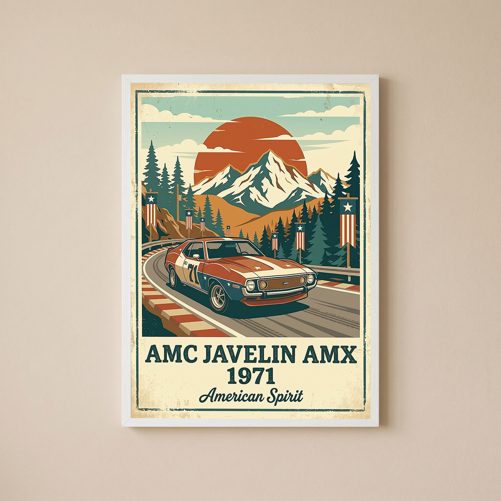 AMC Javelin AMX 1971 Poster — Vintage Muscle Car Race Track Mountain Print