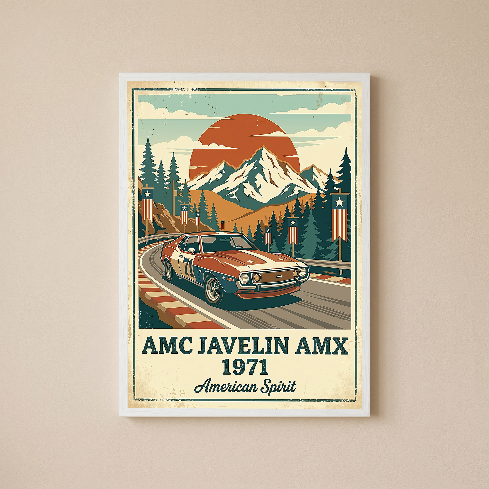 AMC Javelin AMX 1971 Poster — Vintage Muscle Car Race Track Mountain Print