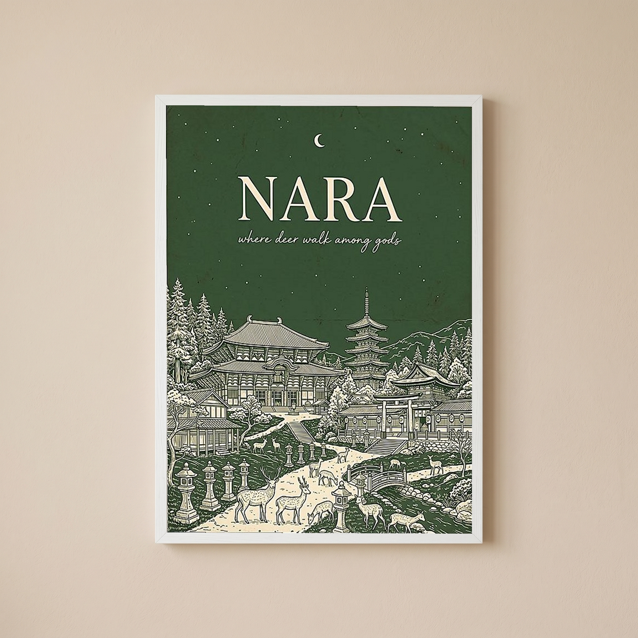 Nara Line Art Print — Forest Green Tōdai-ji Temple Pagoda Deer Wall Art